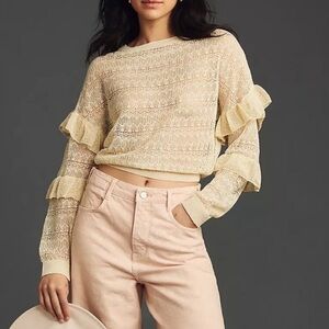 Anthropologie Knit Cream Ruffle Sleeve Women's Top